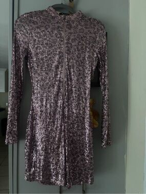 Sequined Long-Sleeve Zip Front Dress - Pink